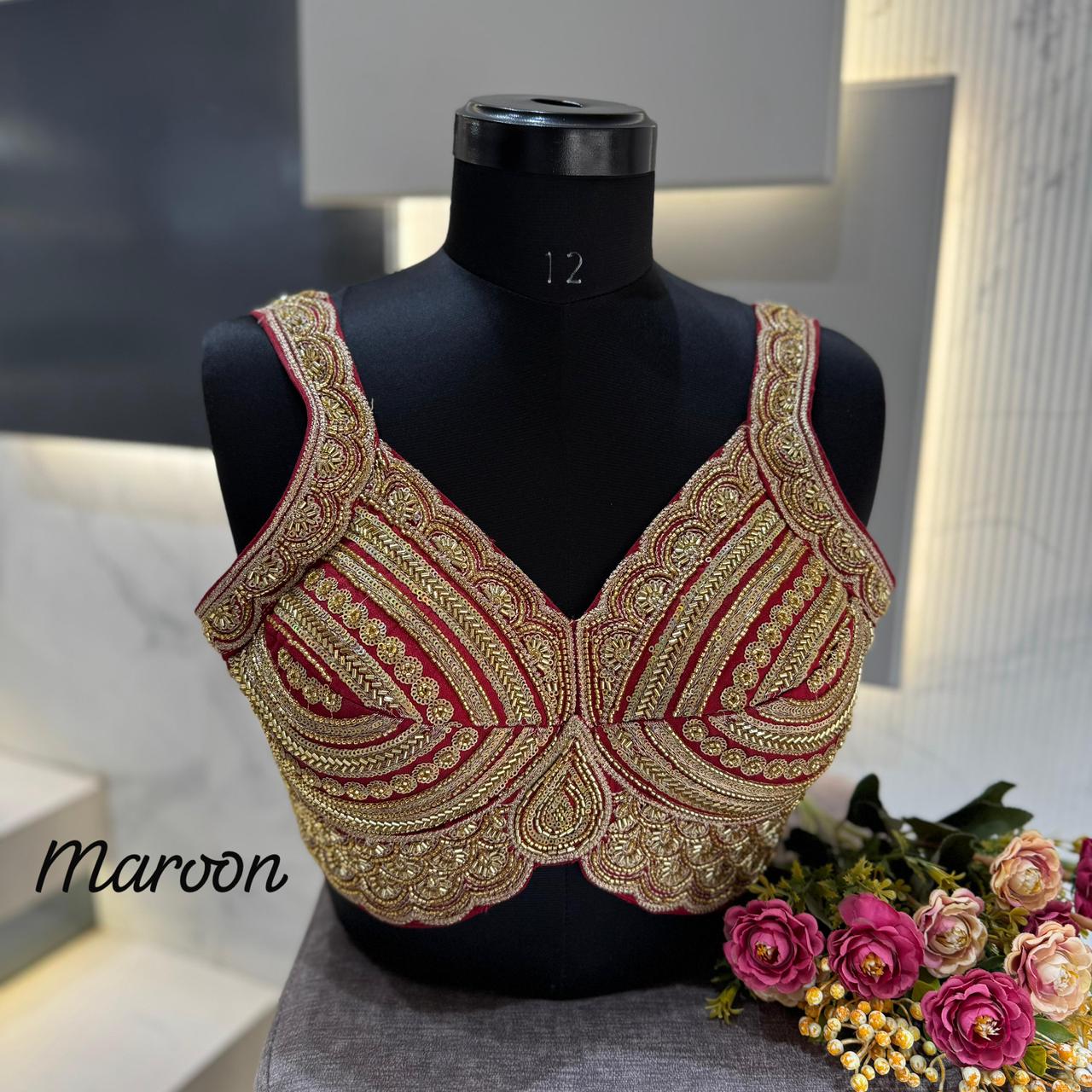 Maroon Heavy Beads Work Sleeveless Italian Silk Blouse for Women