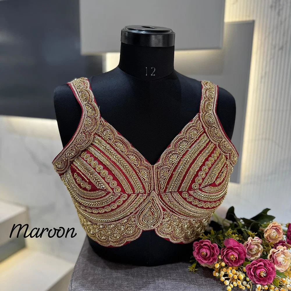 Maroon Heavy Beads Work Sleeveless Italian Silk Blouse for Women — view 1
