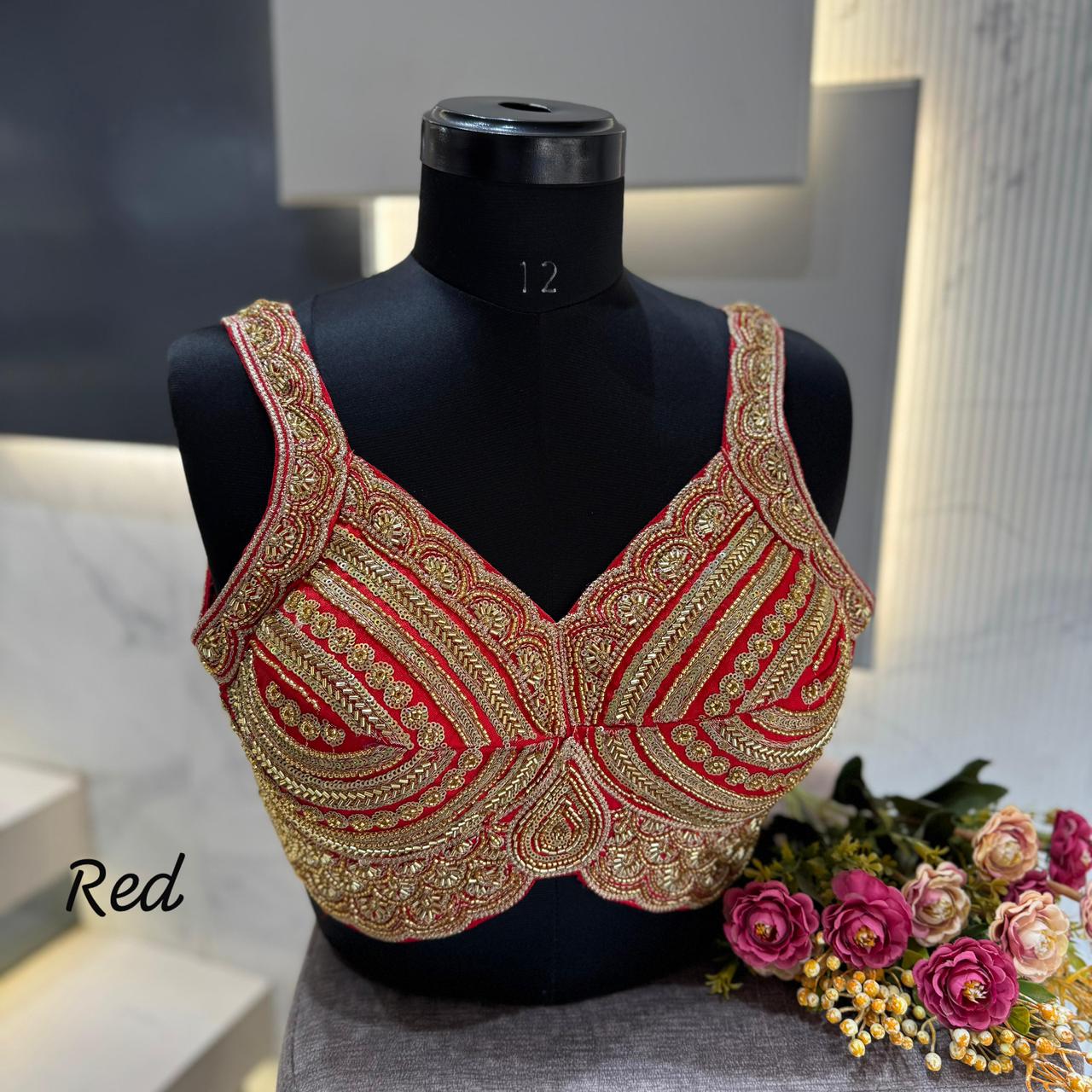 Red Heavy Beads Work Sleeveless Italian Silk Blouse for Women