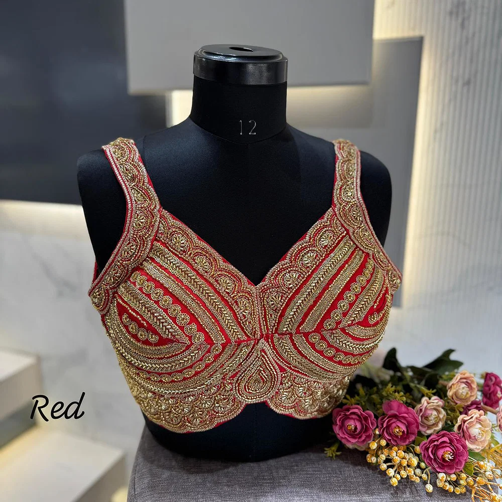 Red Heavy Beads Work Sleeveless Italian Silk Blouse for Women — view 1