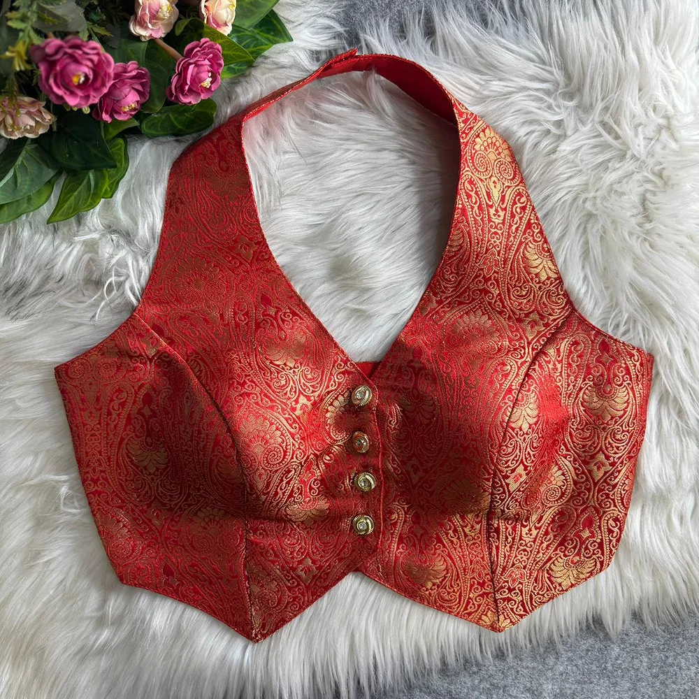 Red Banarasi Jacquard Silk Halter Neck Designer Blouse for Women — view 1