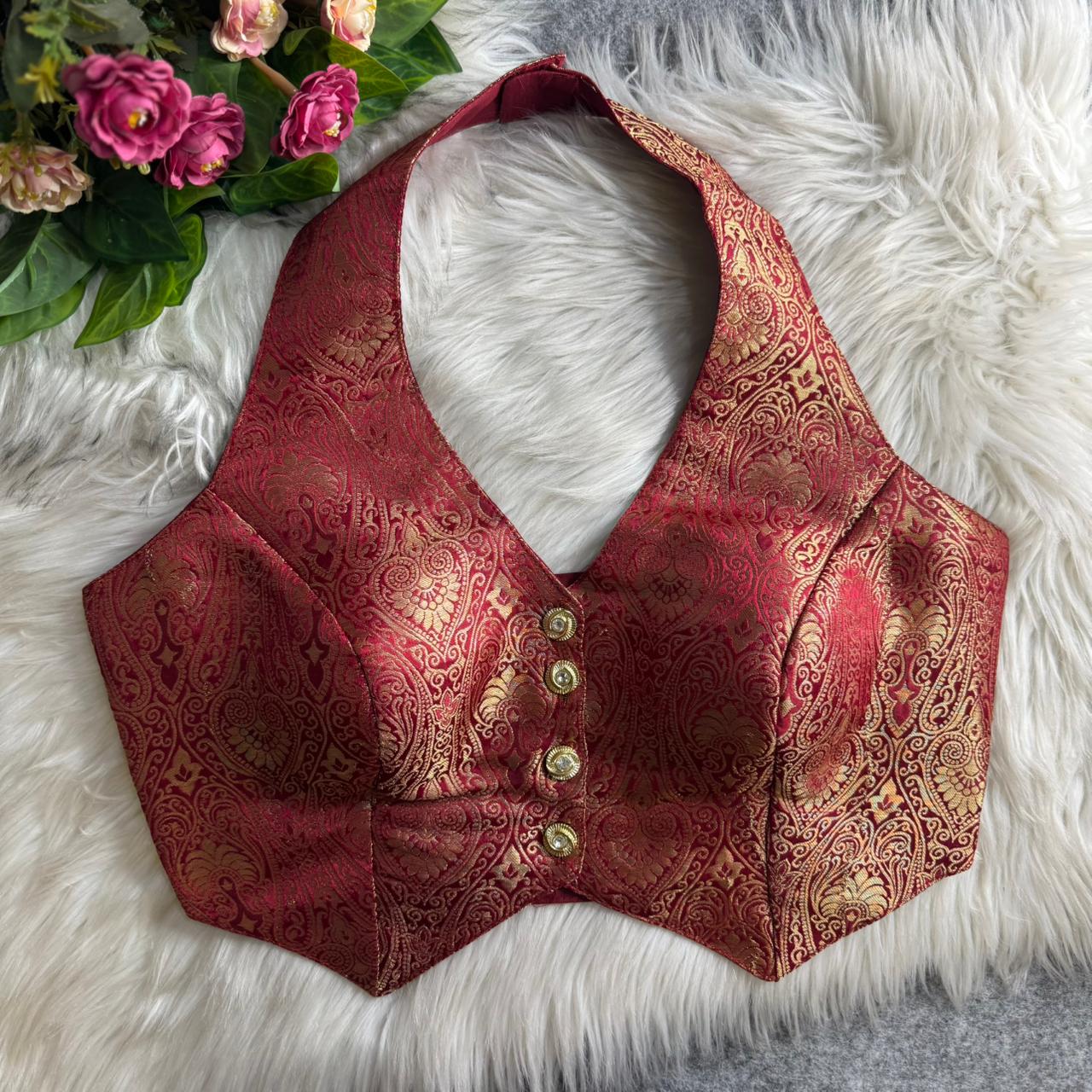 Maroon Banarasi Jacquard Silk Halter Neck Designer Blouse for Women