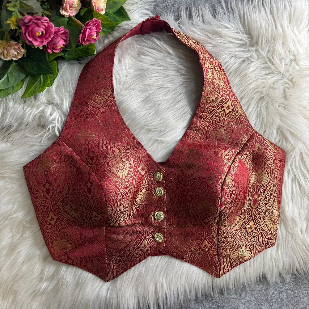 Maroon Banarasi Jacquard Silk Halter Neck Designer Blouse for Women — view 1