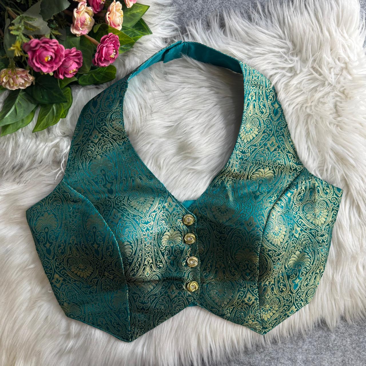 Rama Banarasi Jacquard Silk Halter Neck Designer Blouse for Women