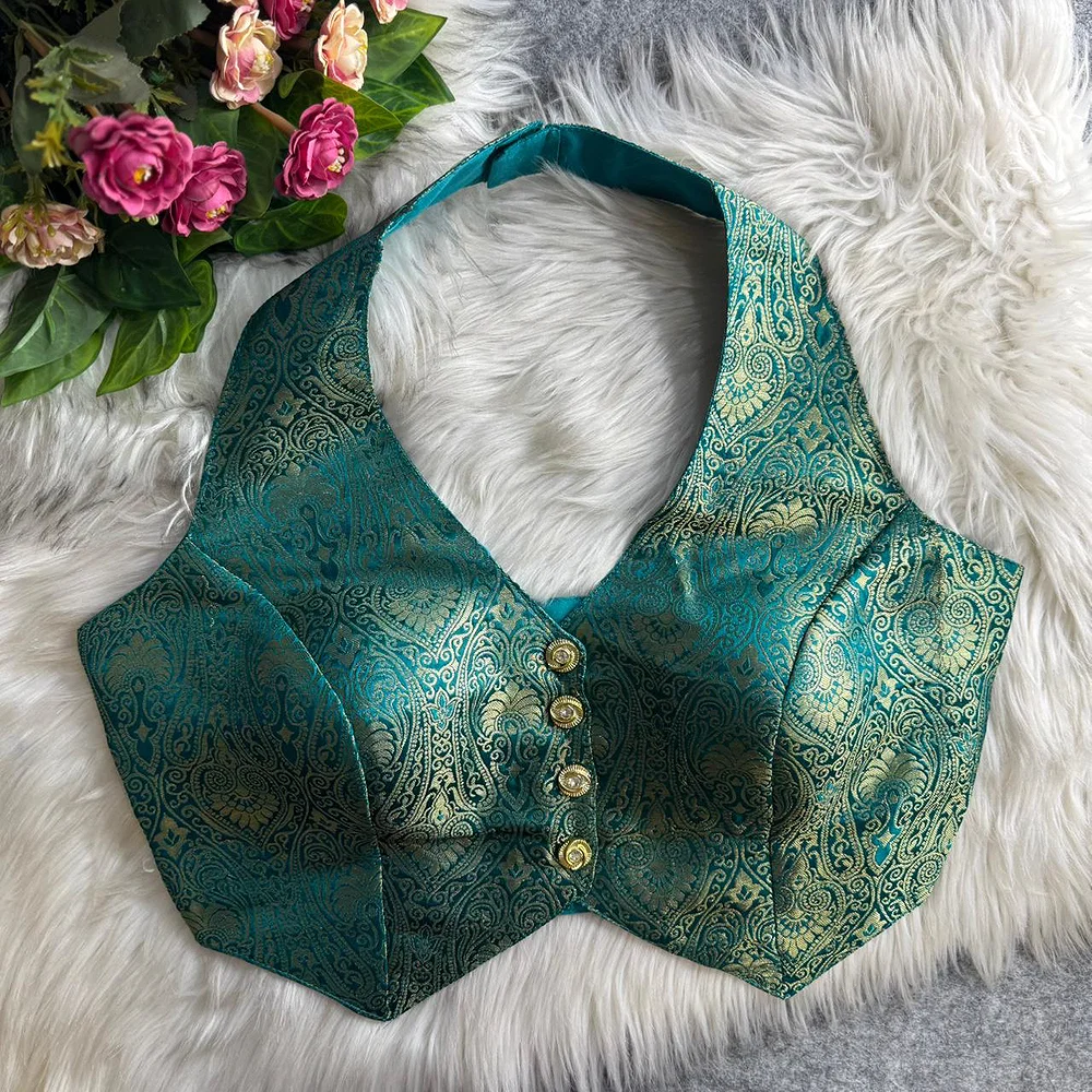 Rama Banarasi Jacquard Silk Halter Neck Designer Blouse for Women — view 1