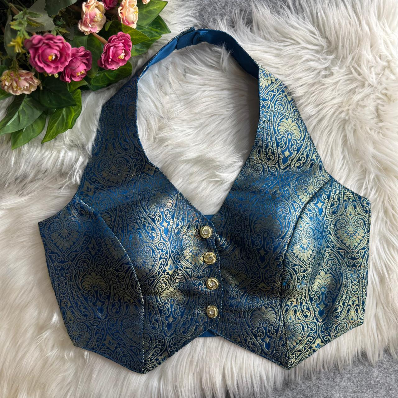 Morpeach Banarasi Jacquard Silk Halter Neck Designer Blouse for Women