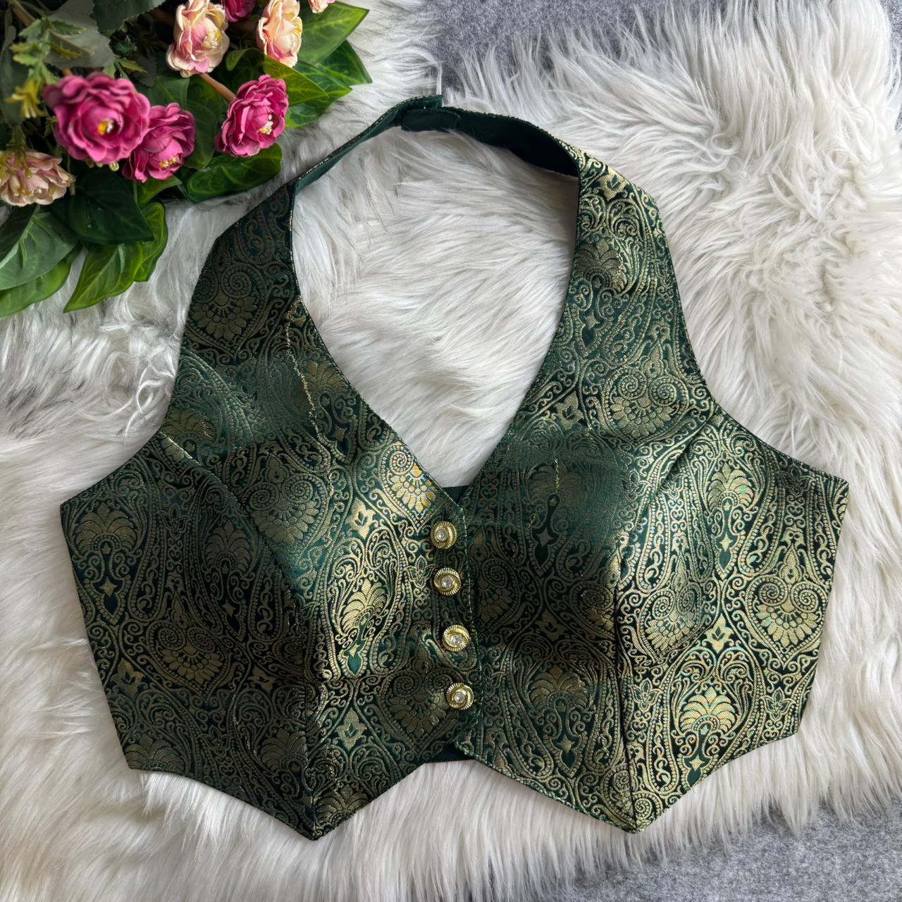 Bottle Green Banarasi Jacquard Silk Halter Neck Designer Blouse for Women
