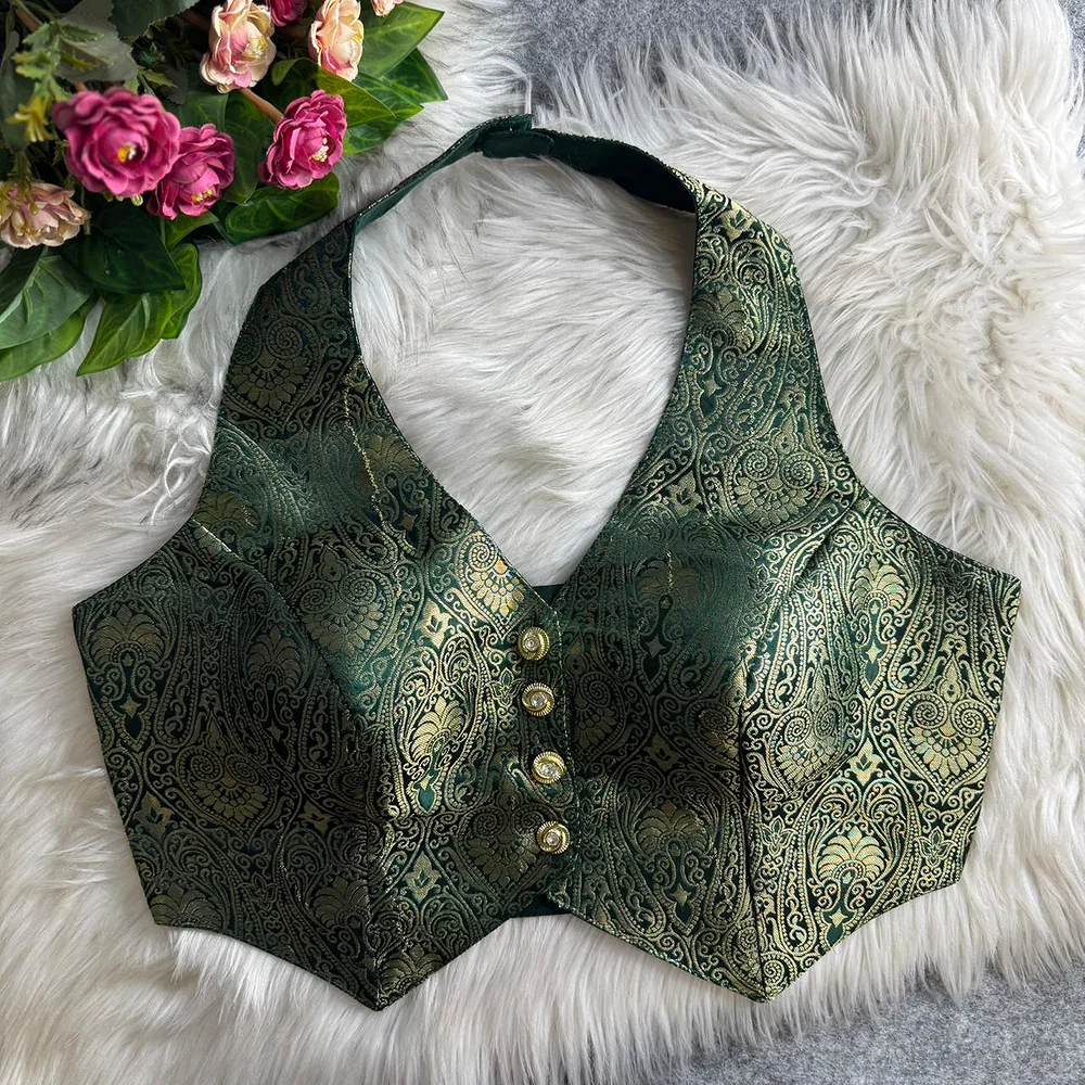 Bottle Green Banarasi Jacquard Silk Halter Neck Designer Blouse for Women — view 1