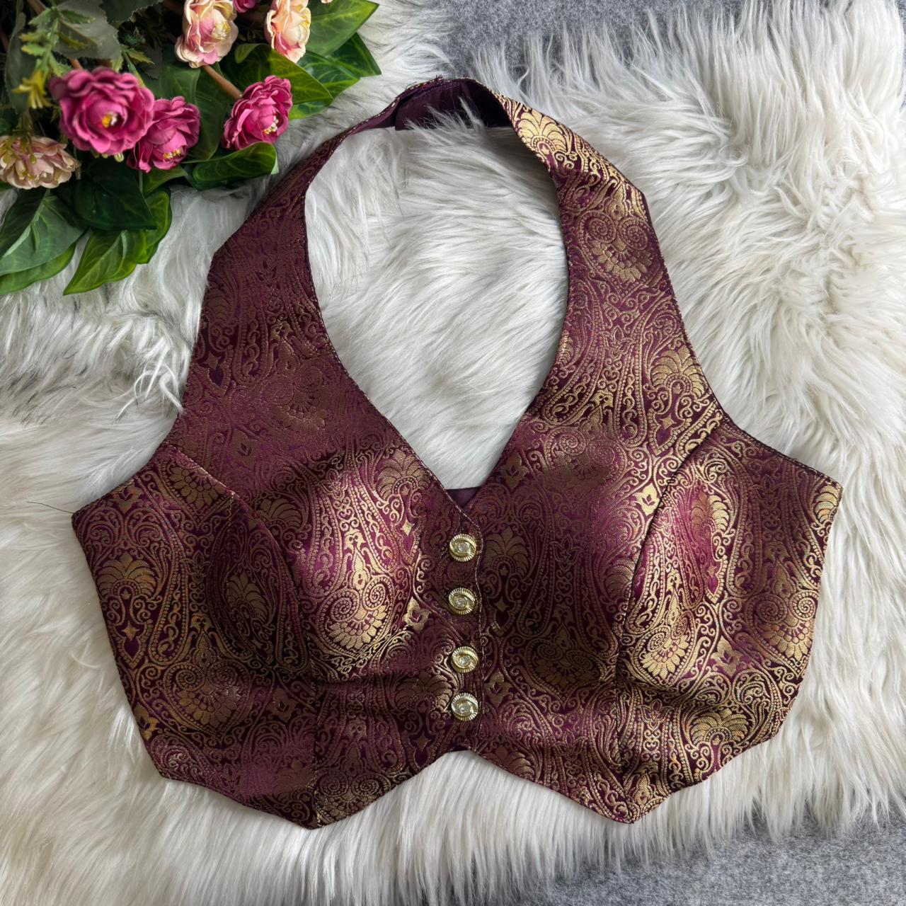 Wine Banarasi Jacquard Silk Halter Neck Designer Blouse for Women