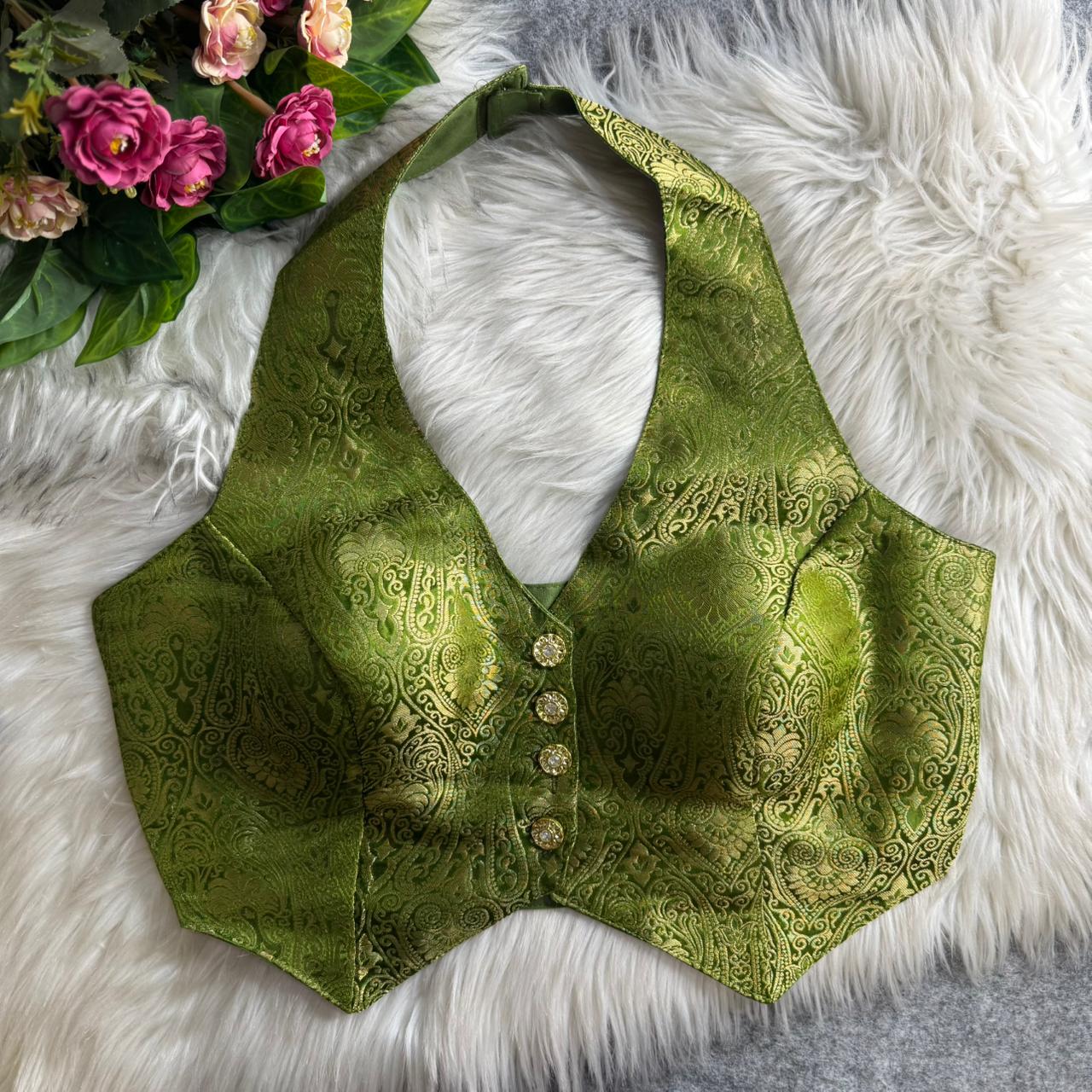 Mehndi Green Banarasi Jacquard Silk Halter Neck Designer Blouse for Women