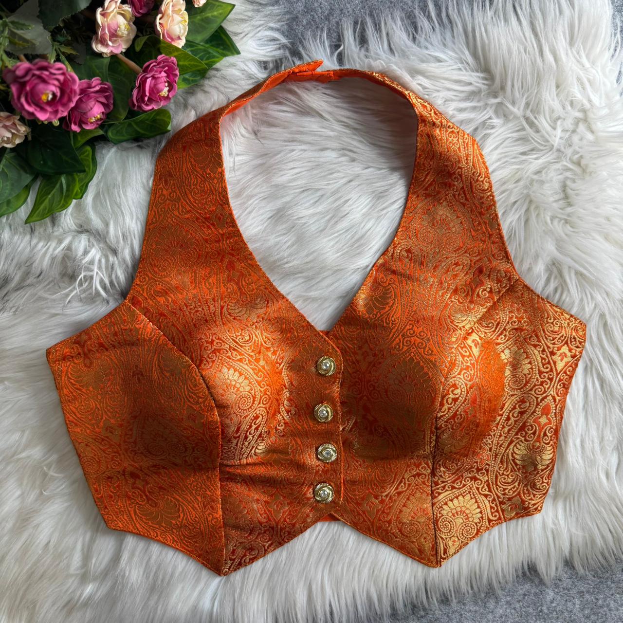 Orange Banarasi Jacquard Silk Halter Neck Designer Blouse for Women