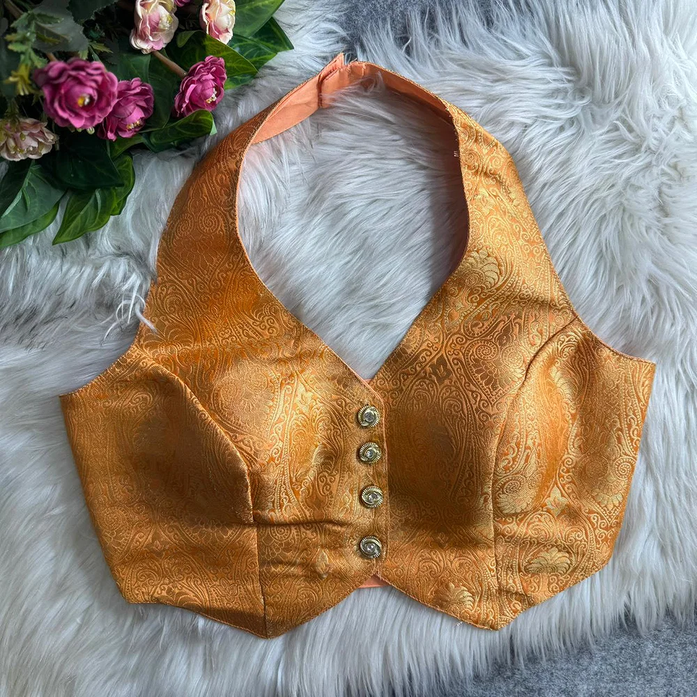 Light Mango Banarasi Jacquard Silk Halter Neck Designer Blouse for Women — view 1