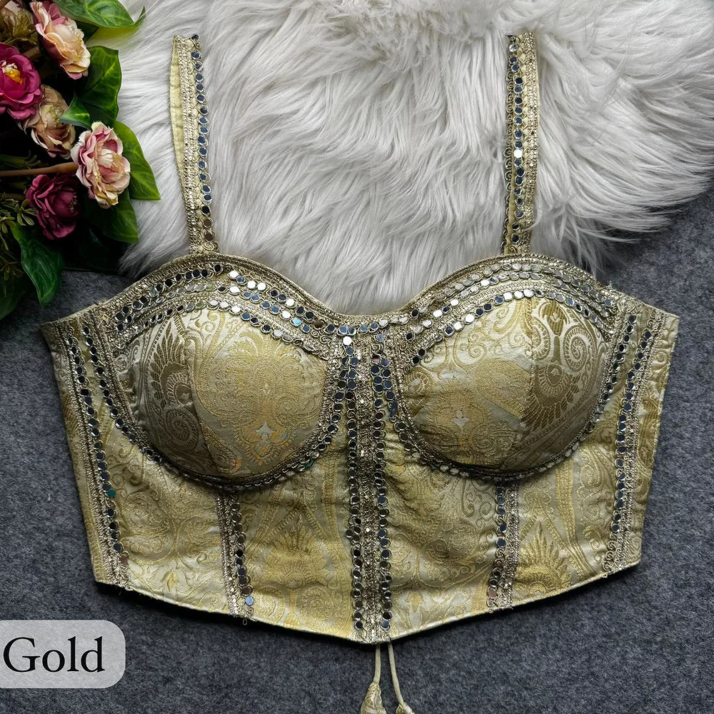 Gold Western Style Banarasi Corset Blouse with Real Mirror Work Lace — view 1
