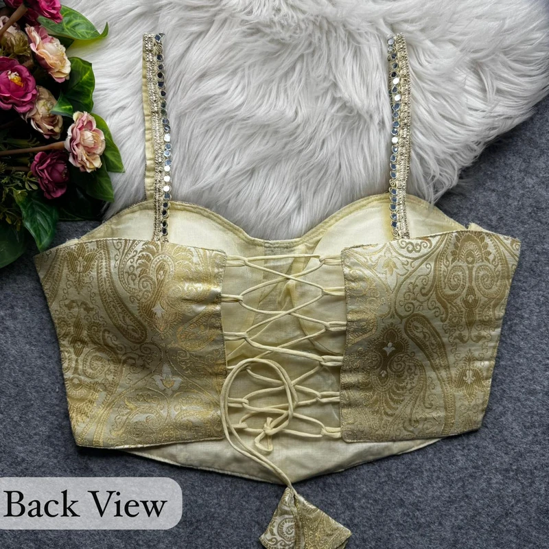 Gold Western Style Banarasi Corset Blouse with Real Mirror Work Lace — view 2