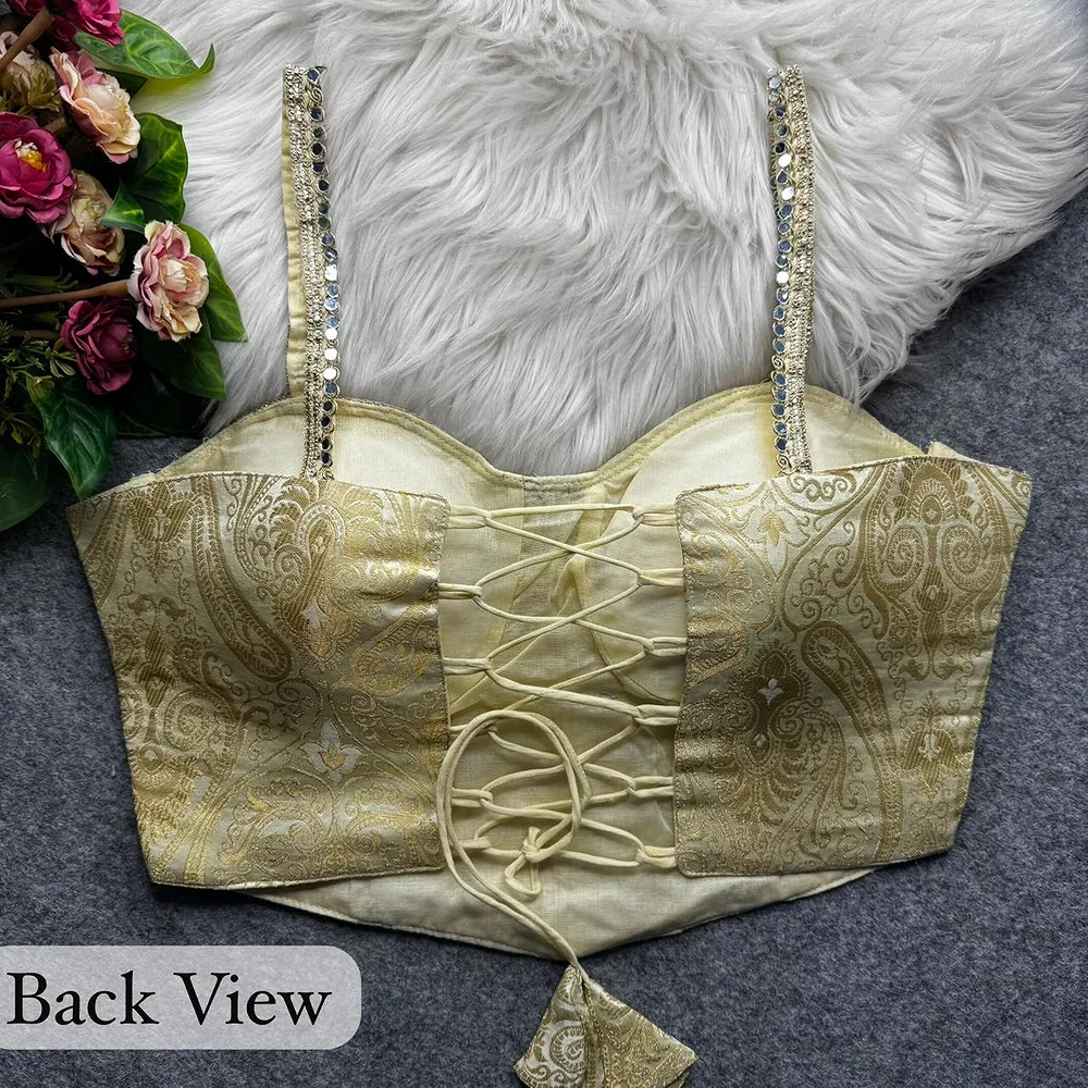 Gold Western Style Banarasi Corset Blouse with Real Mirror Work Lace — view 2