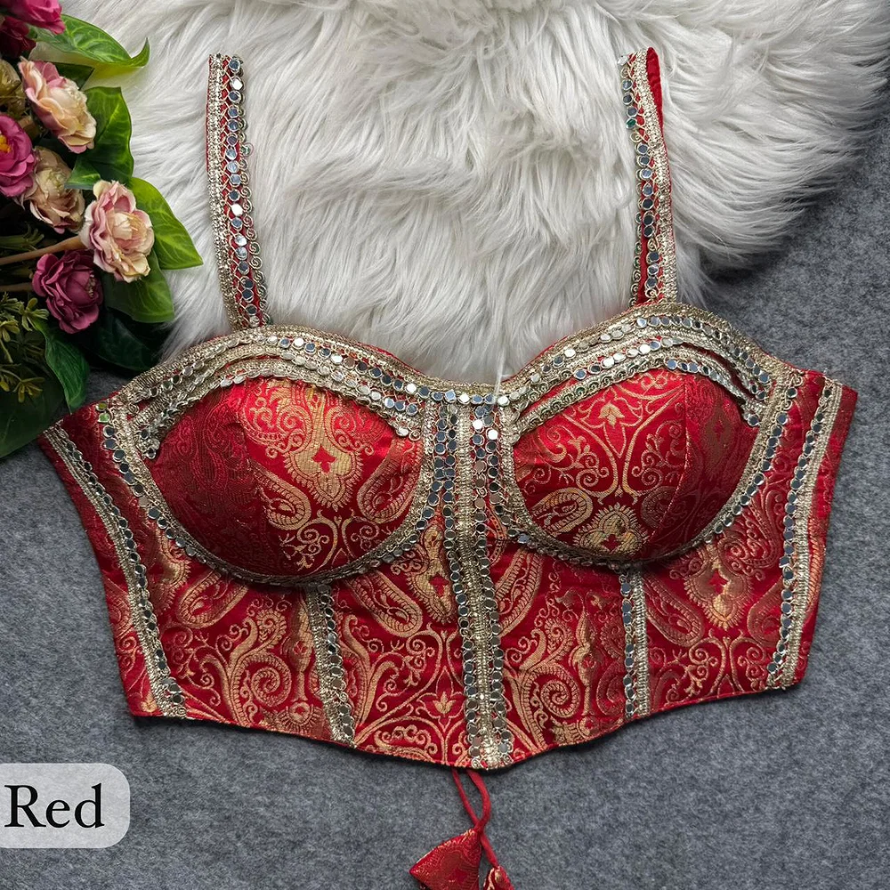 Red Western Style Banarasi Corset Blouse with Real Mirror Work Lace — view 1