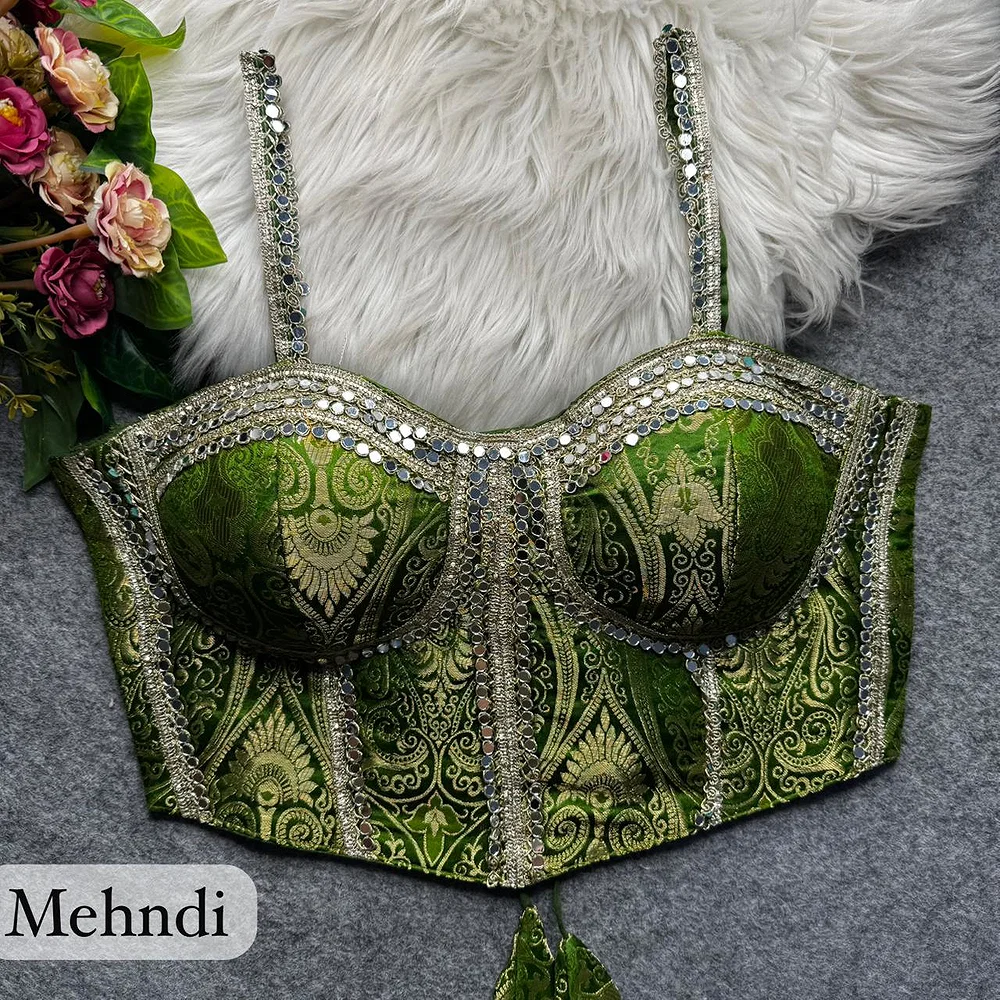 Mehndi Green Western Style Banarasi Corset Blouse with Real Mirror Work Lace — view 1