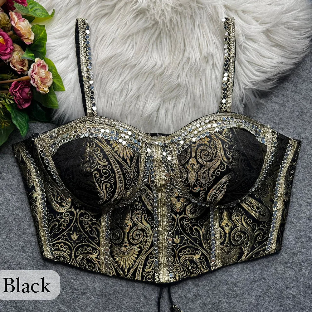 Black Western Style Banarasi Corset Blouse with Real Mirror Work Lace — view 1