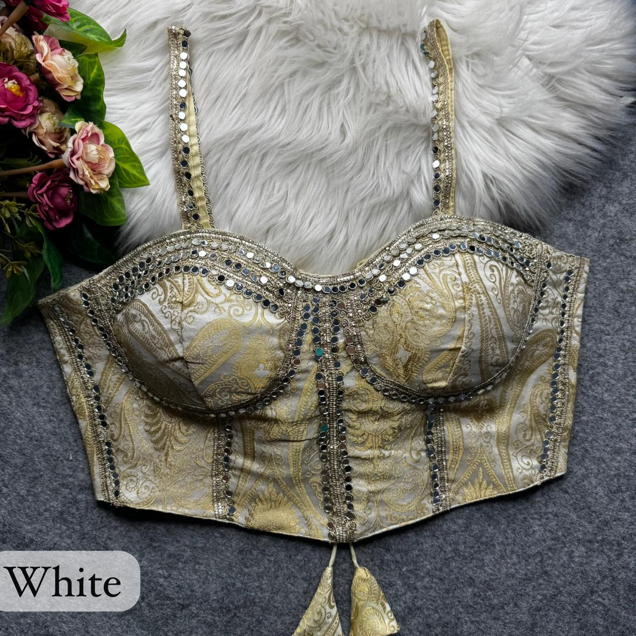 White Western Style Banarasi Corset Blouse with Real Mirror Work Lace