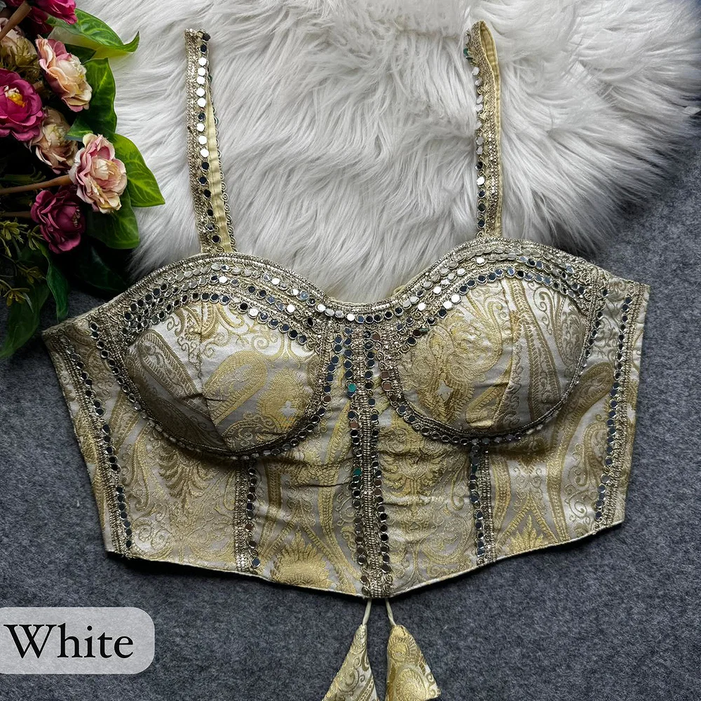 White Western Style Banarasi Corset Blouse with Real Mirror Work Lace — view 1