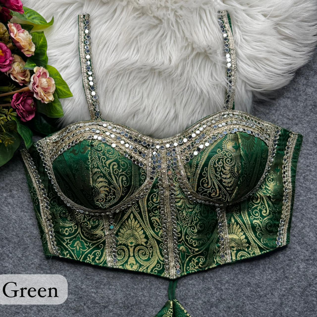 Bottle Green Western Style Banarasi Corset Blouse with Real Mirror Work Lace