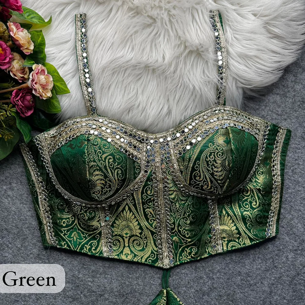 Bottle Green Western Style Banarasi Corset Blouse with Real Mirror Work Lace — view 1