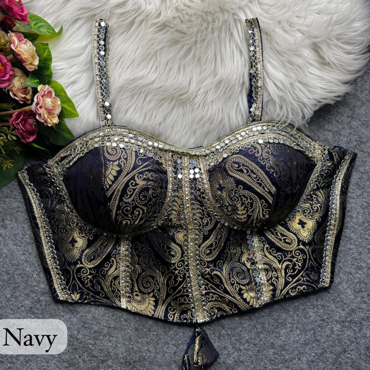 Navy Blue Western Style Banarasi Corset Blouse with Real Mirror Work Lace