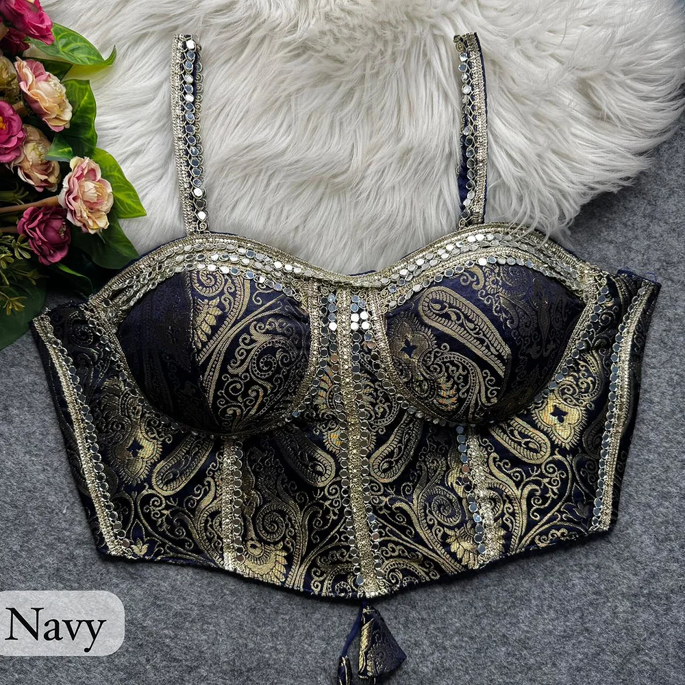Navy Blue Western Style Banarasi Corset Blouse with Real Mirror Work Lace — view 1