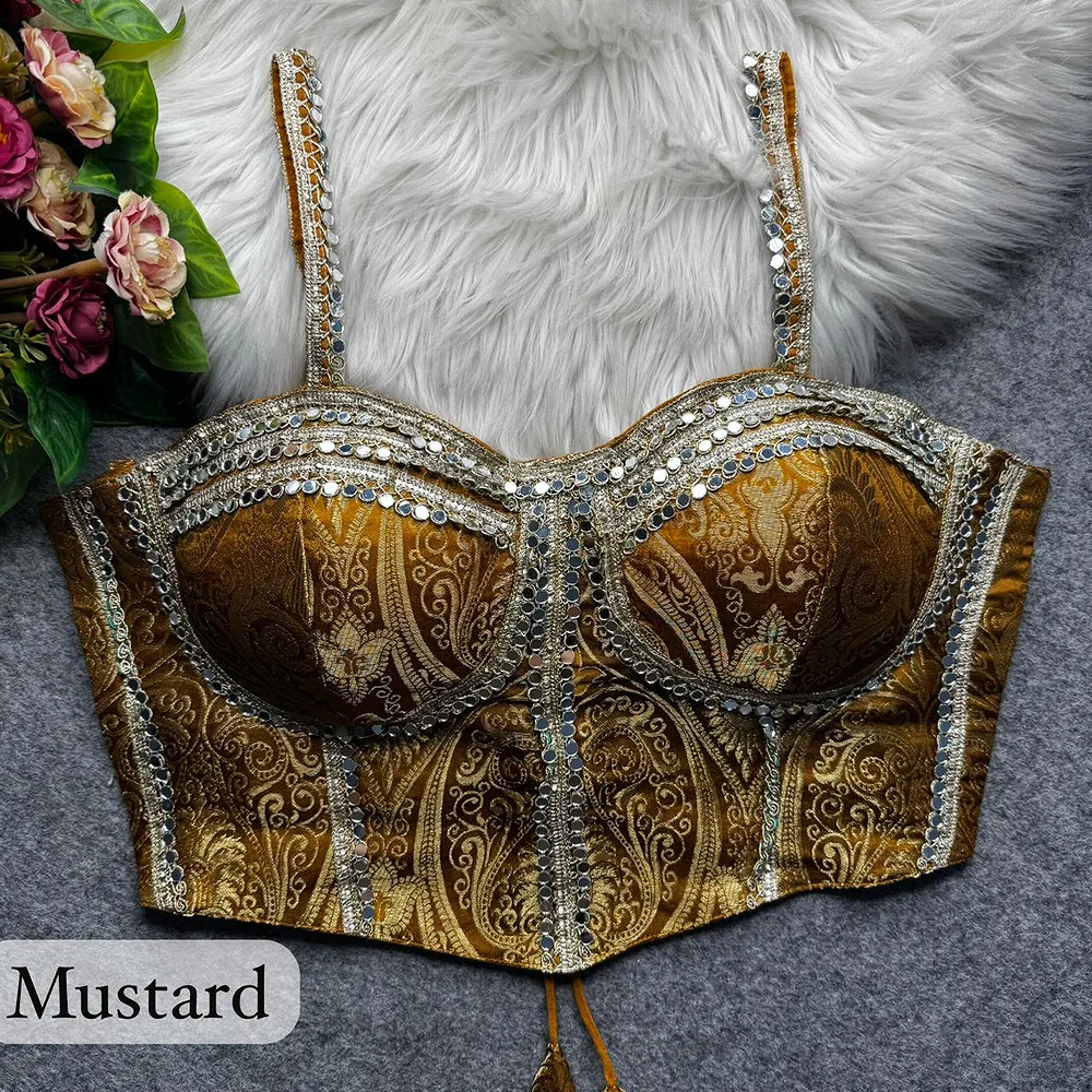 Mustard Western Style Banarasi Corset Blouse with Real Mirror Work Lace — view 1
