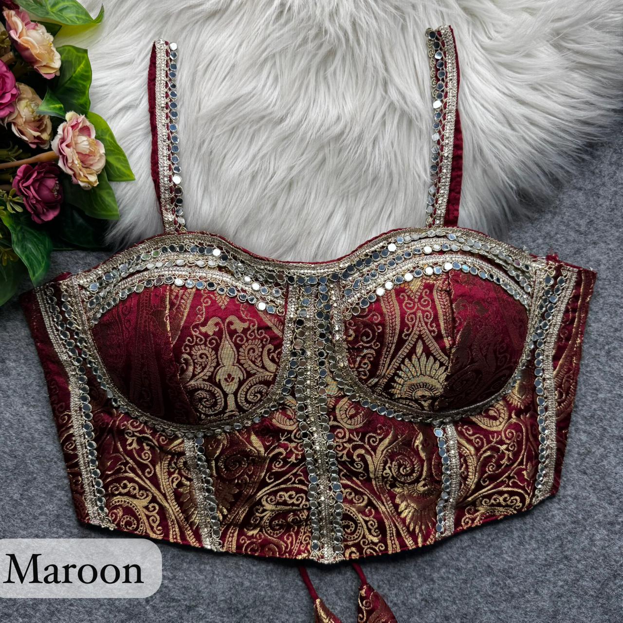 Maroon Western Style Banarasi Corset Blouse with Real Mirror Work Lace