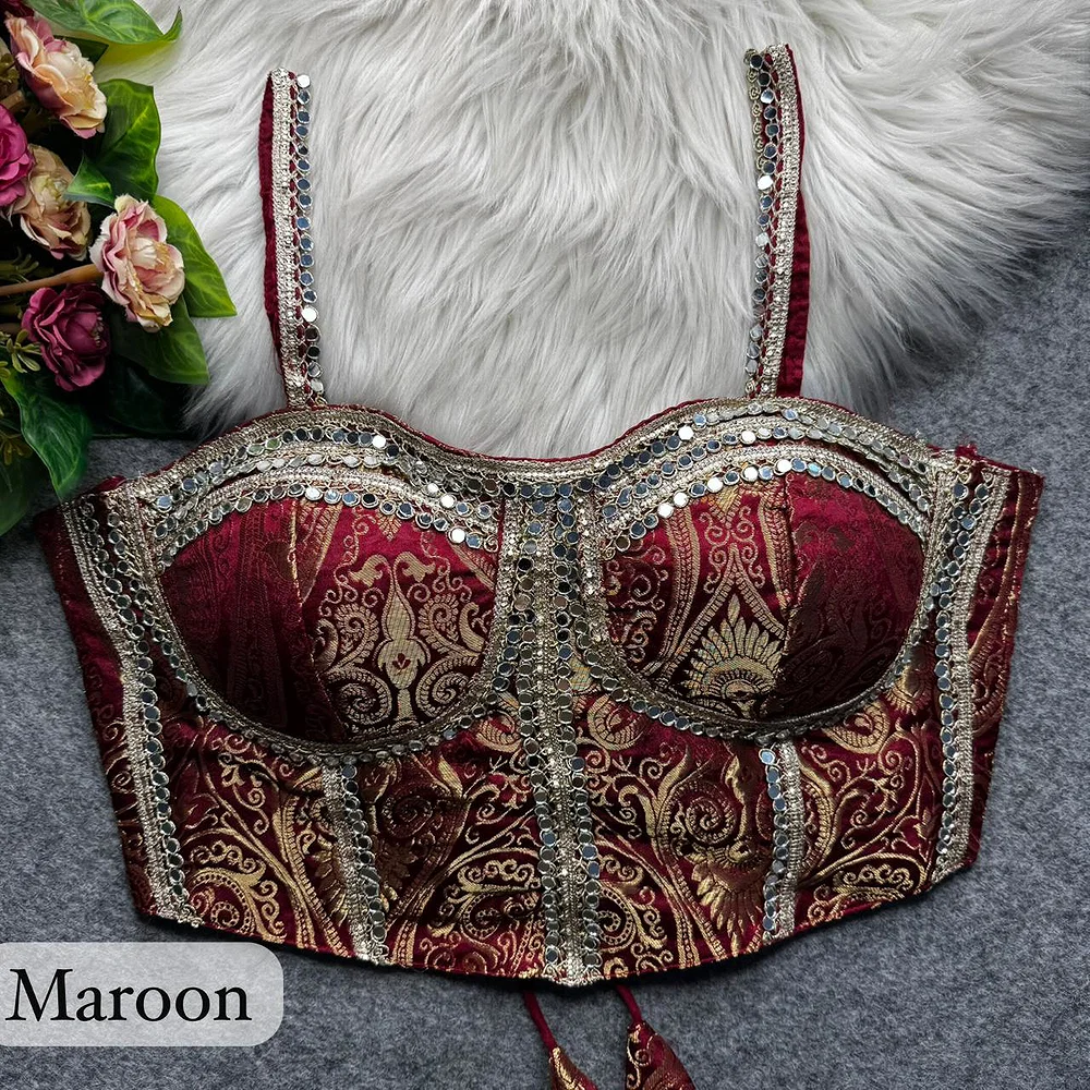Maroon Western Style Banarasi Corset Blouse with Real Mirror Work Lace — view 1