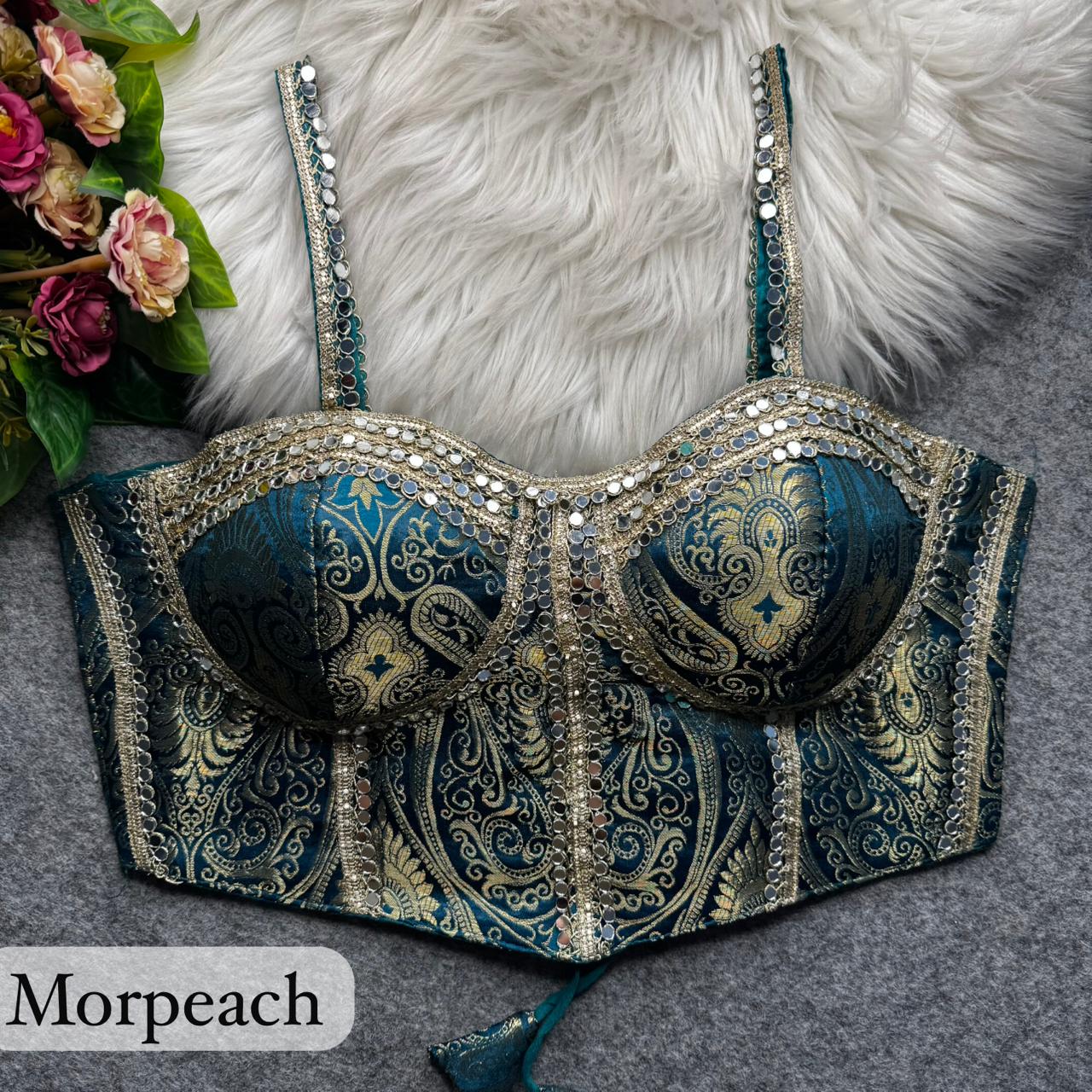 Morpeach Western Style Banarasi Corset Blouse with Real Mirror Work Lace