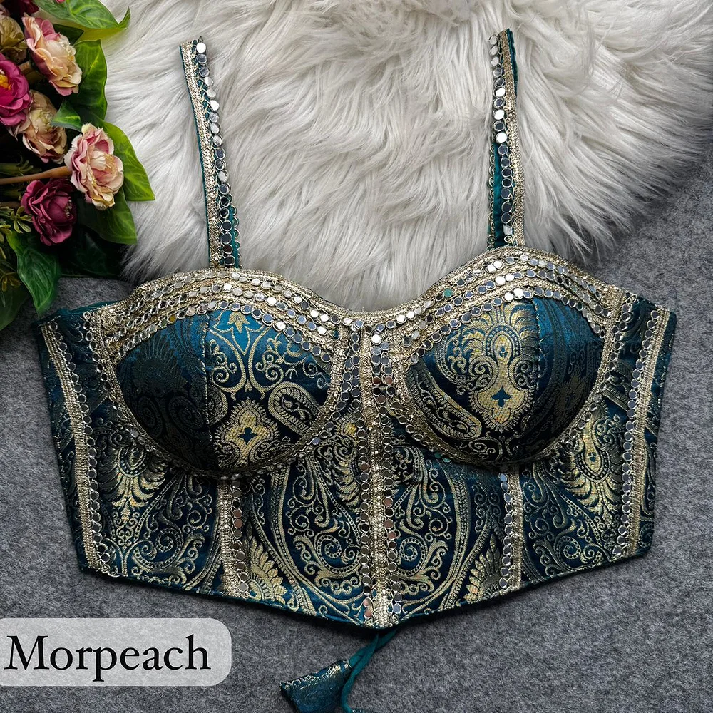 Morpeach Western Style Banarasi Corset Blouse with Real Mirror Work Lace — view 1