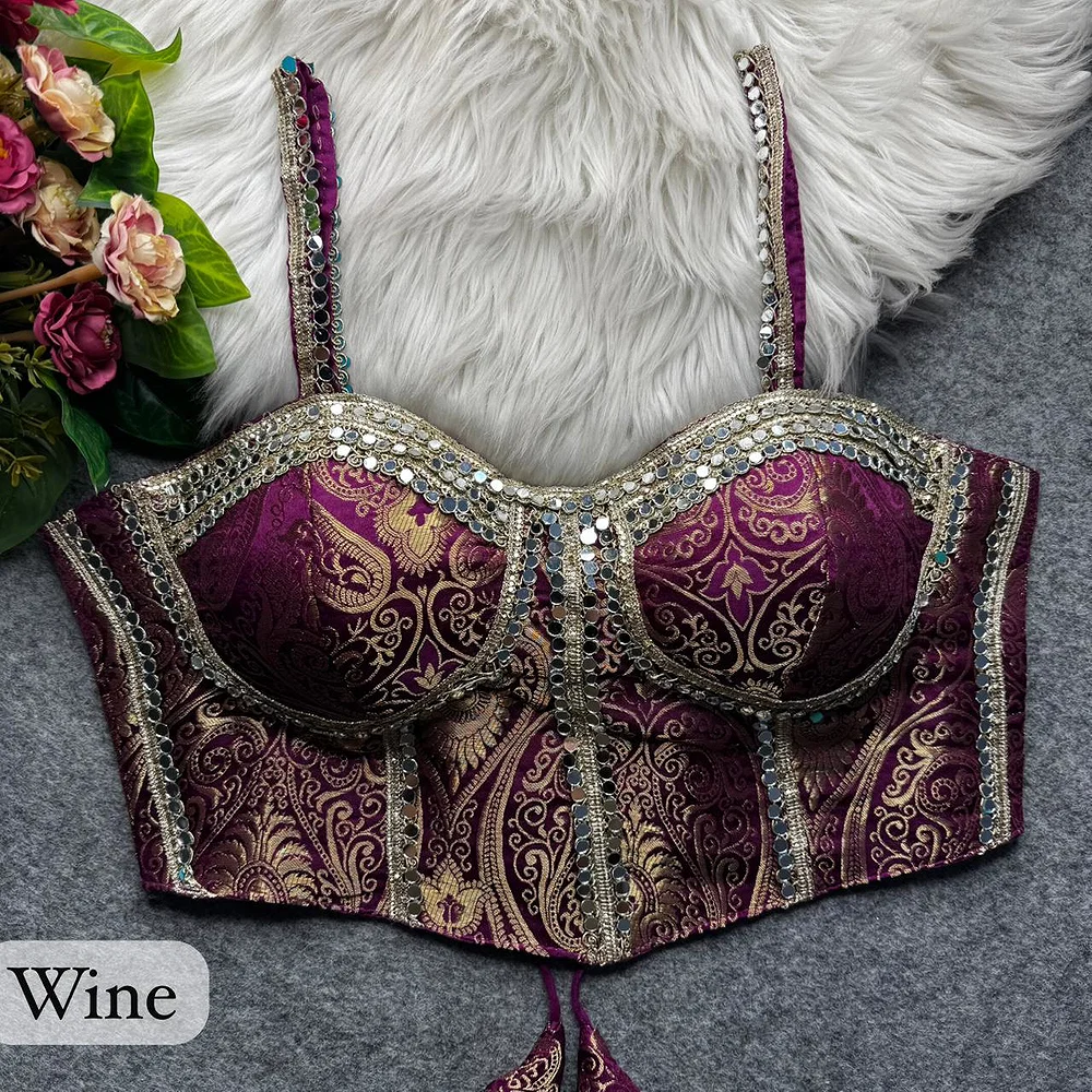 Wine Western Style Banarasi Corset Blouse with Real Mirror Work Lace — view 1