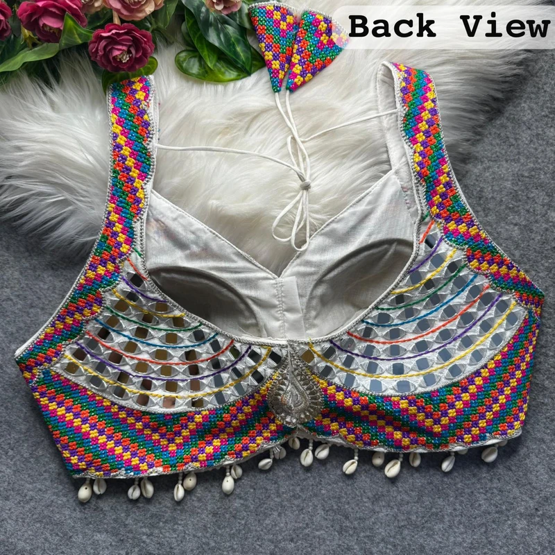 White Navratri Garba Real Mirror Work Blouse with Thread & Kaudi Work — view 2