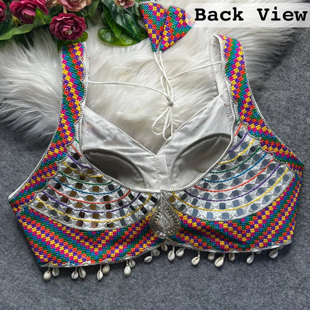 White Navratri Garba Real Mirror Work Blouse with Thread & Kaudi Work — view 2