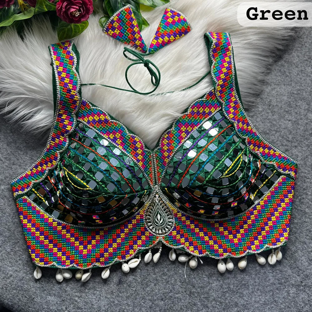 Green Navratri Garba Real Mirror Work Blouse with Thread & Kaudi Work — view 1