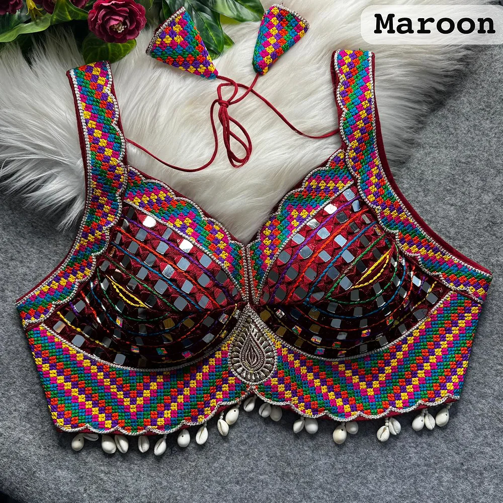 Maroon Navratri Garba Real Mirror Work Blouse with Thread & Kaudi Work — view 1
