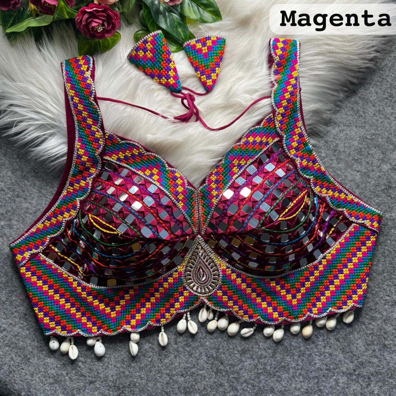 Magenta Navratri Garba Real Mirror Work Blouse with Thread & Kaudi Work