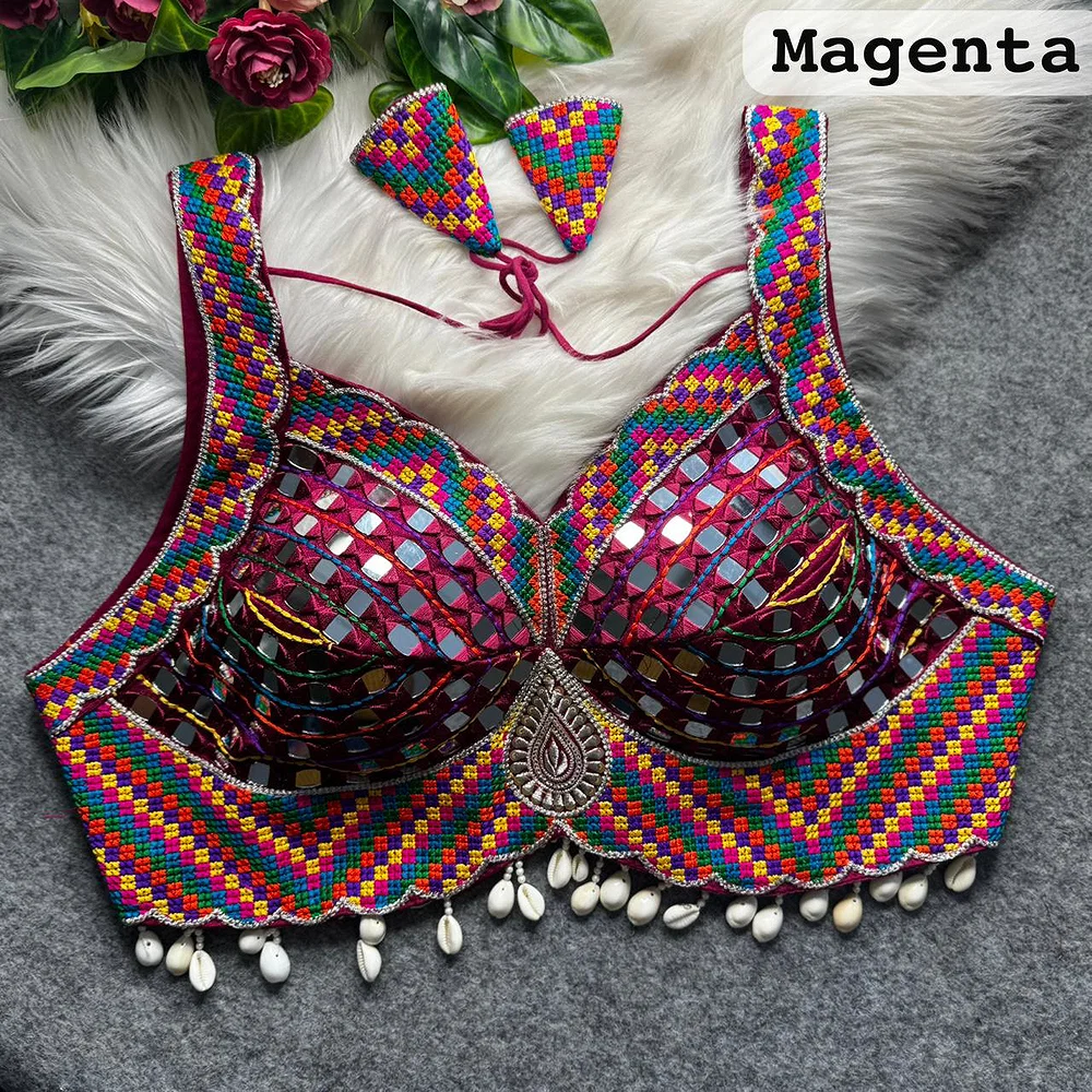 Magenta Navratri Garba Real Mirror Work Blouse with Thread & Kaudi Work — view 1