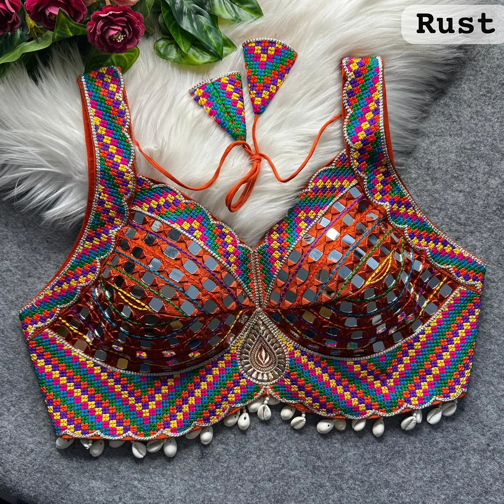 Rust Navratri Garba Real Mirror Work Blouse with Thread & Kaudi Work — view 1