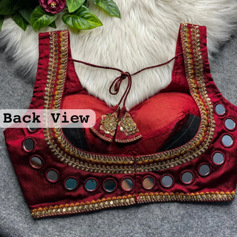 Maroon Sabyasachi Designer Beads & Real Mirror Work Bridal Blouse — view 2