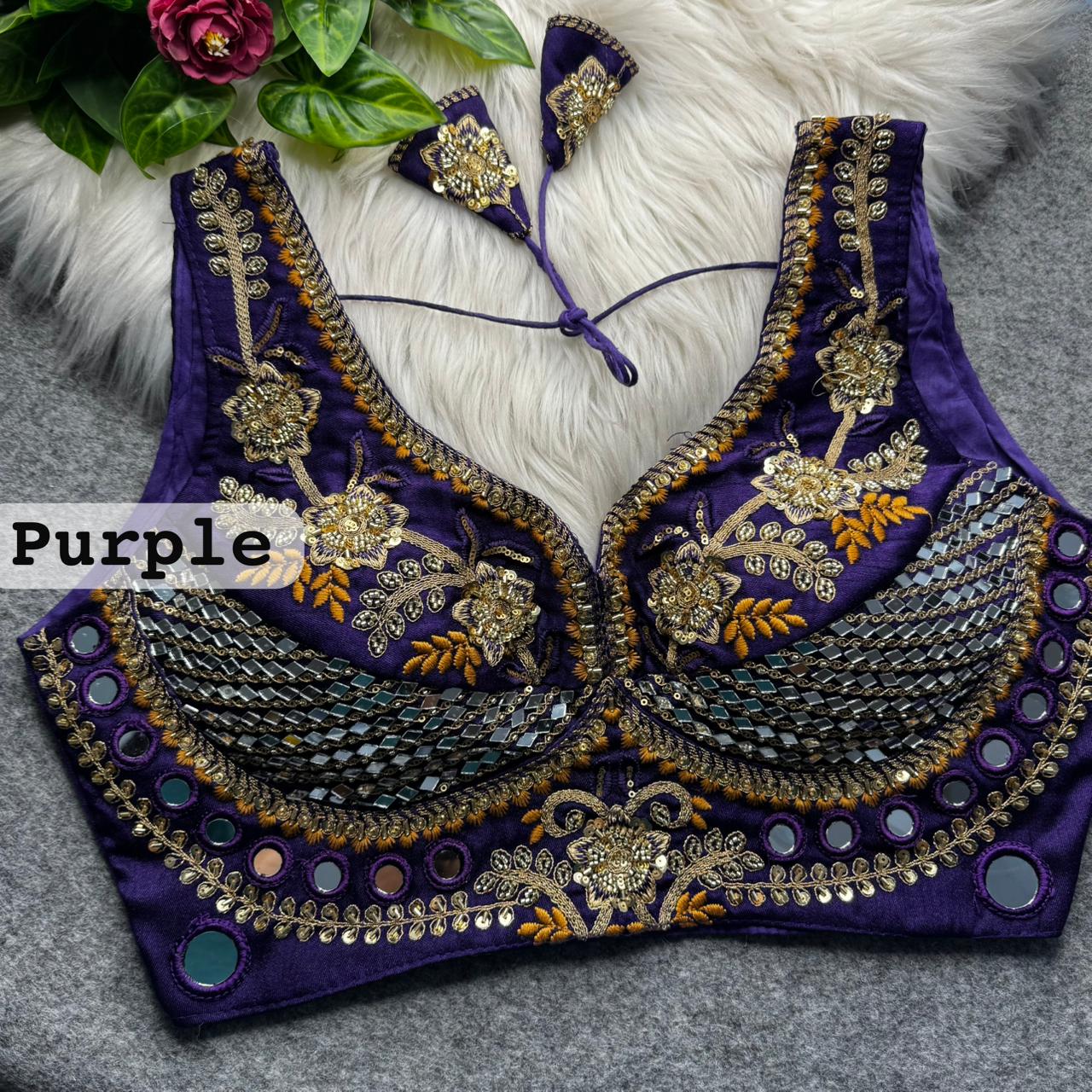 Purple Sabyasachi Designer Beads & Real Mirror Work Bridal Blouse