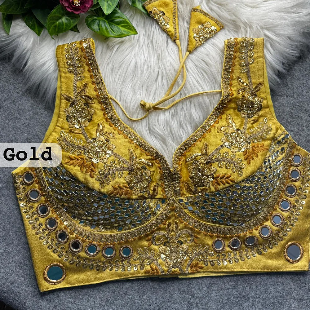 Gold Sabyasachi Designer Beads & Real Mirror Work Bridal Blouse — view 1