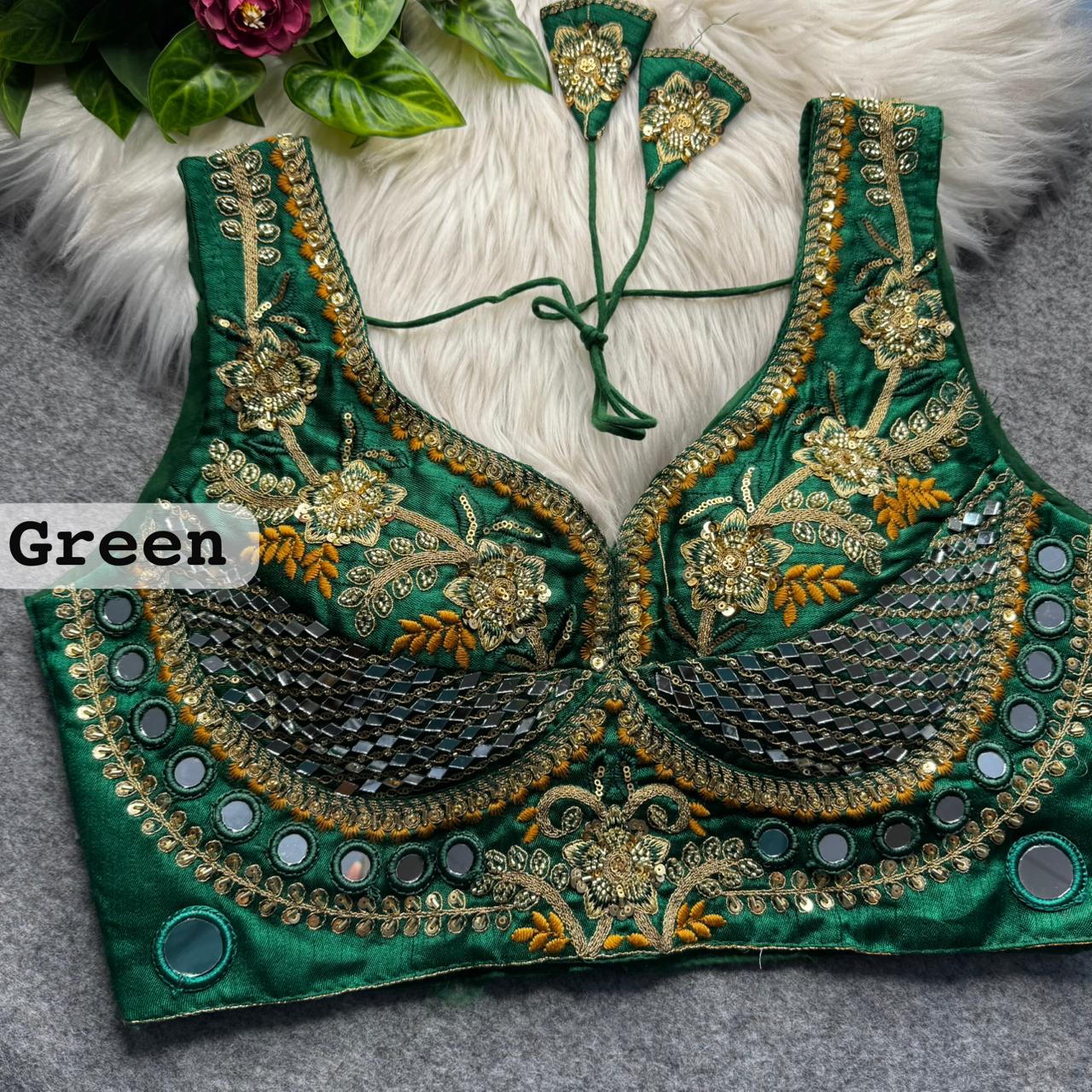 Green Sabyasachi Designer Beads & Real Mirror Work Bridal Blouse