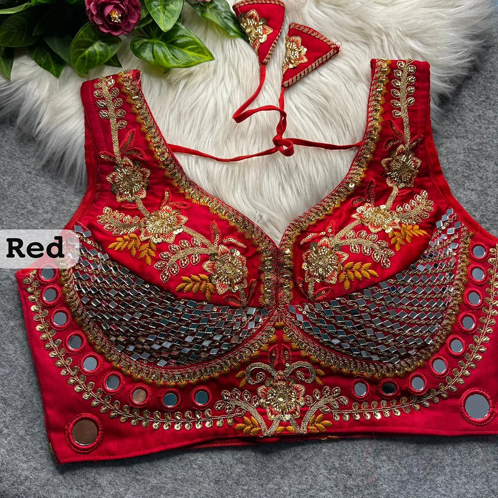 Red Sabyasachi Designer Beads & Real Mirror Work Bridal Blouse — view 1