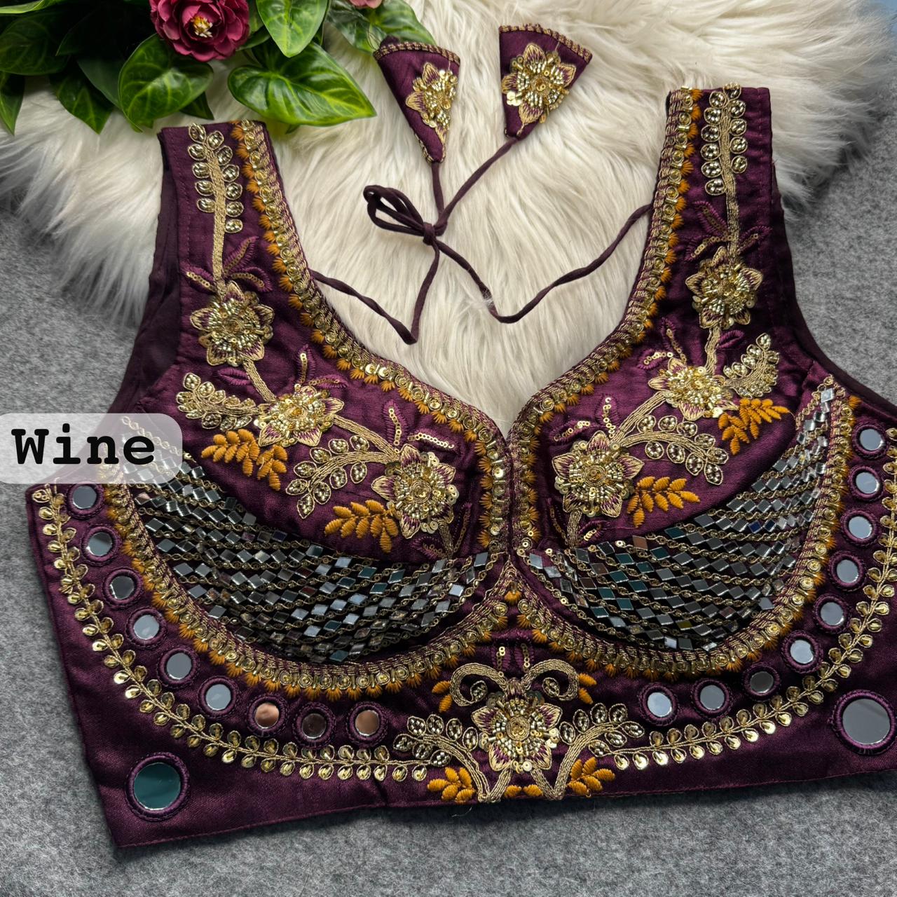 Wine Sabyasachi Designer Beads & Real Mirror Work Bridal Blouse