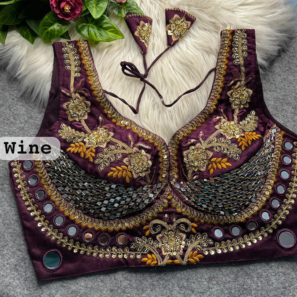 Wine Sabyasachi Designer Beads & Real Mirror Work Bridal Blouse — view 1