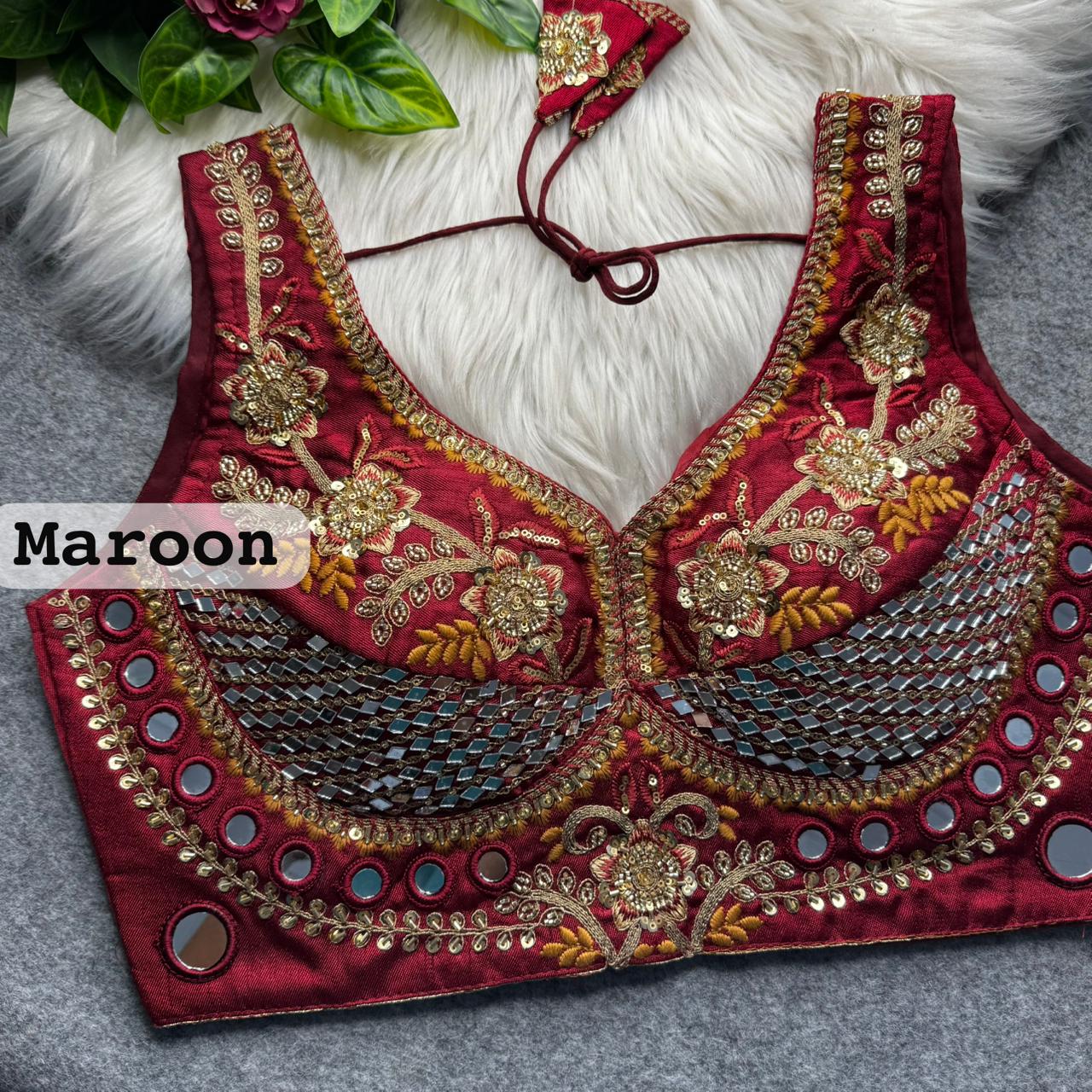 Maroon Sabyasachi Designer Beads & Real Mirror Work Bridal Blouse