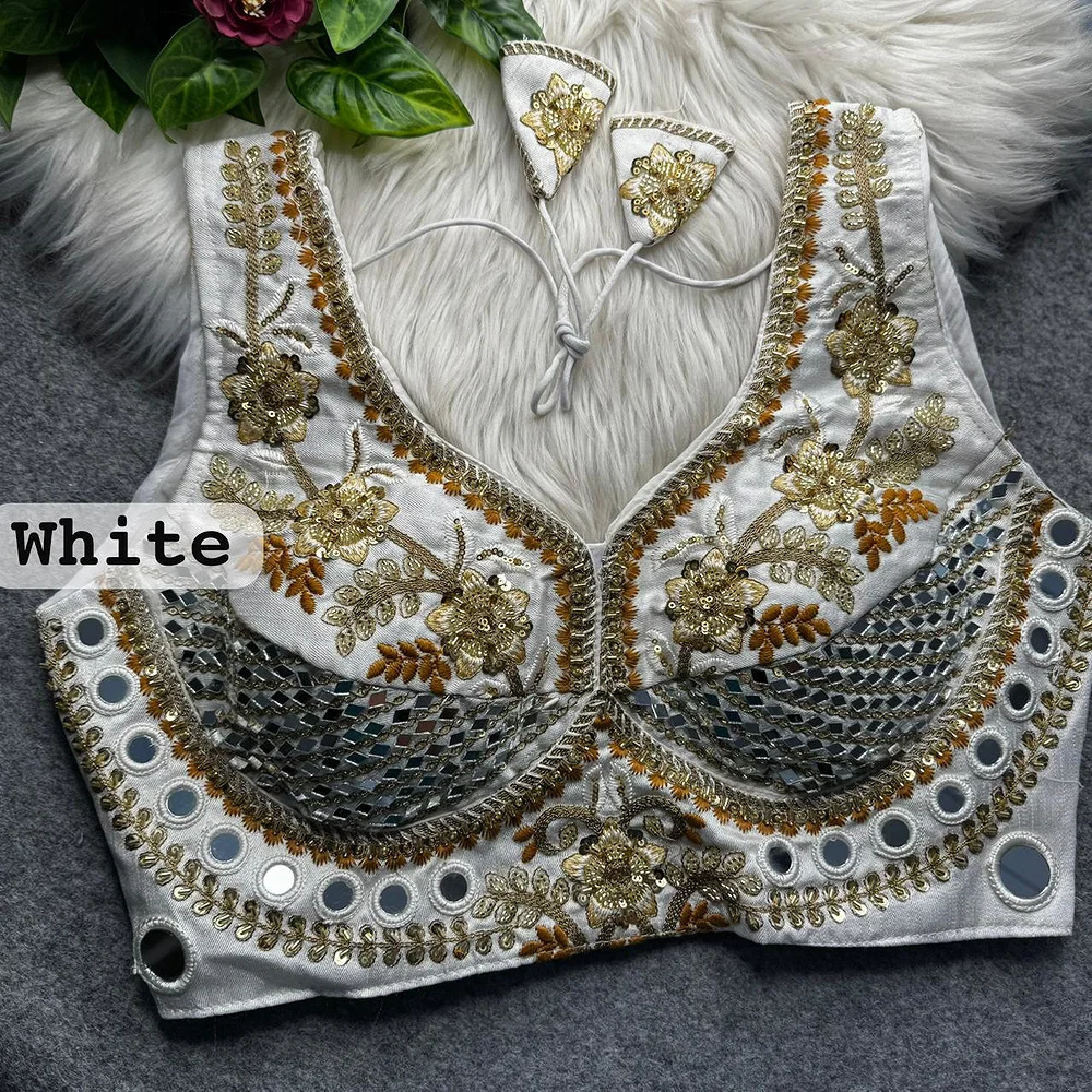 White Sabyasachi Designer Beads & Real Mirror Work Bridal Blouse — view 1